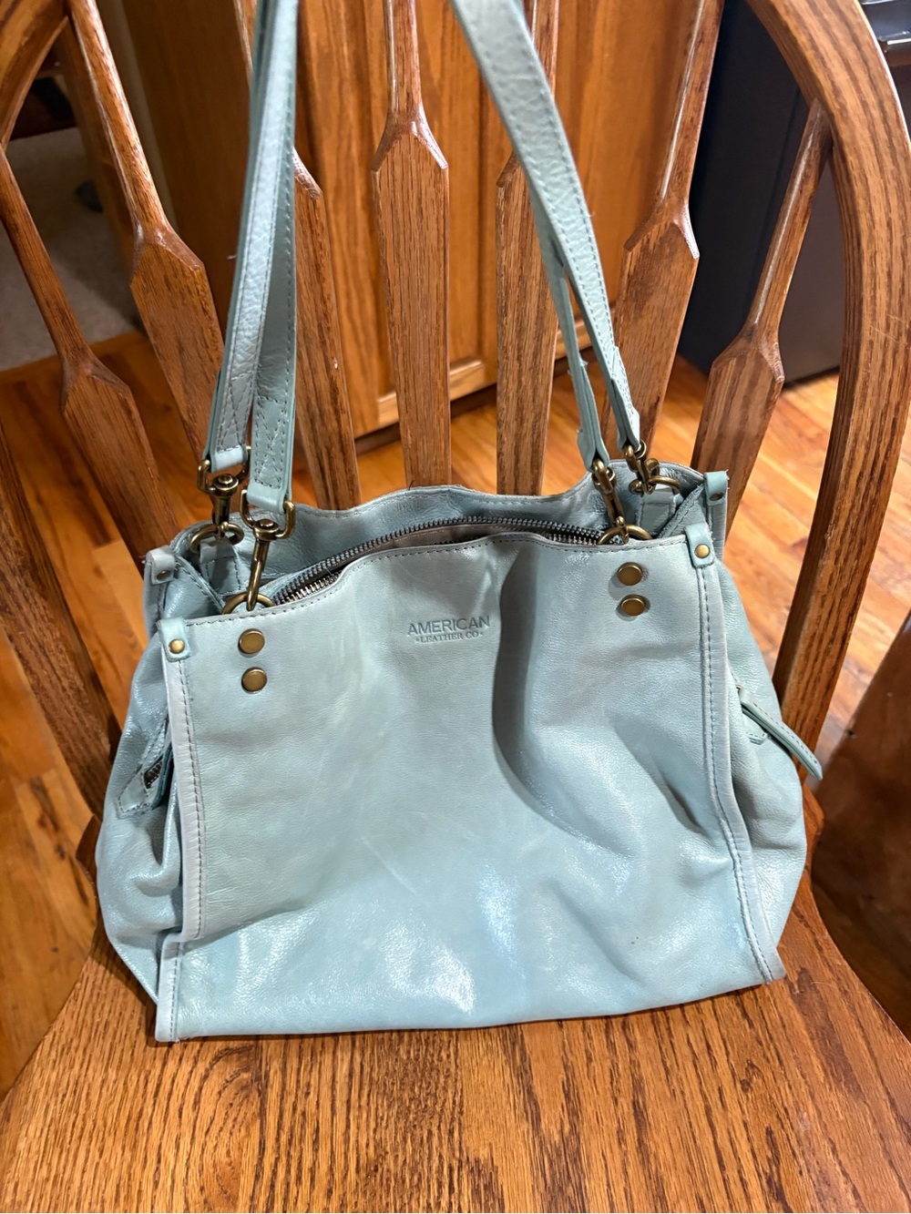 American Exchange Pale Blue/Green Leather Shoulder Tote